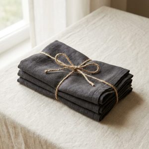 Four charcoal linen napkins tied with twine