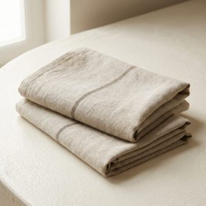 Two folded flax linen tea towels with a thin stripe