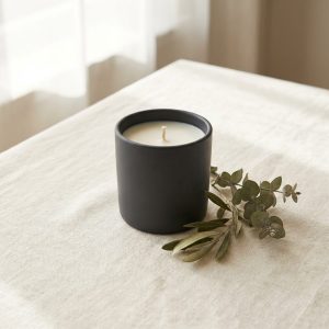A soy candle in a matte charcoal ceramic vessel beside a sprig of leaves
