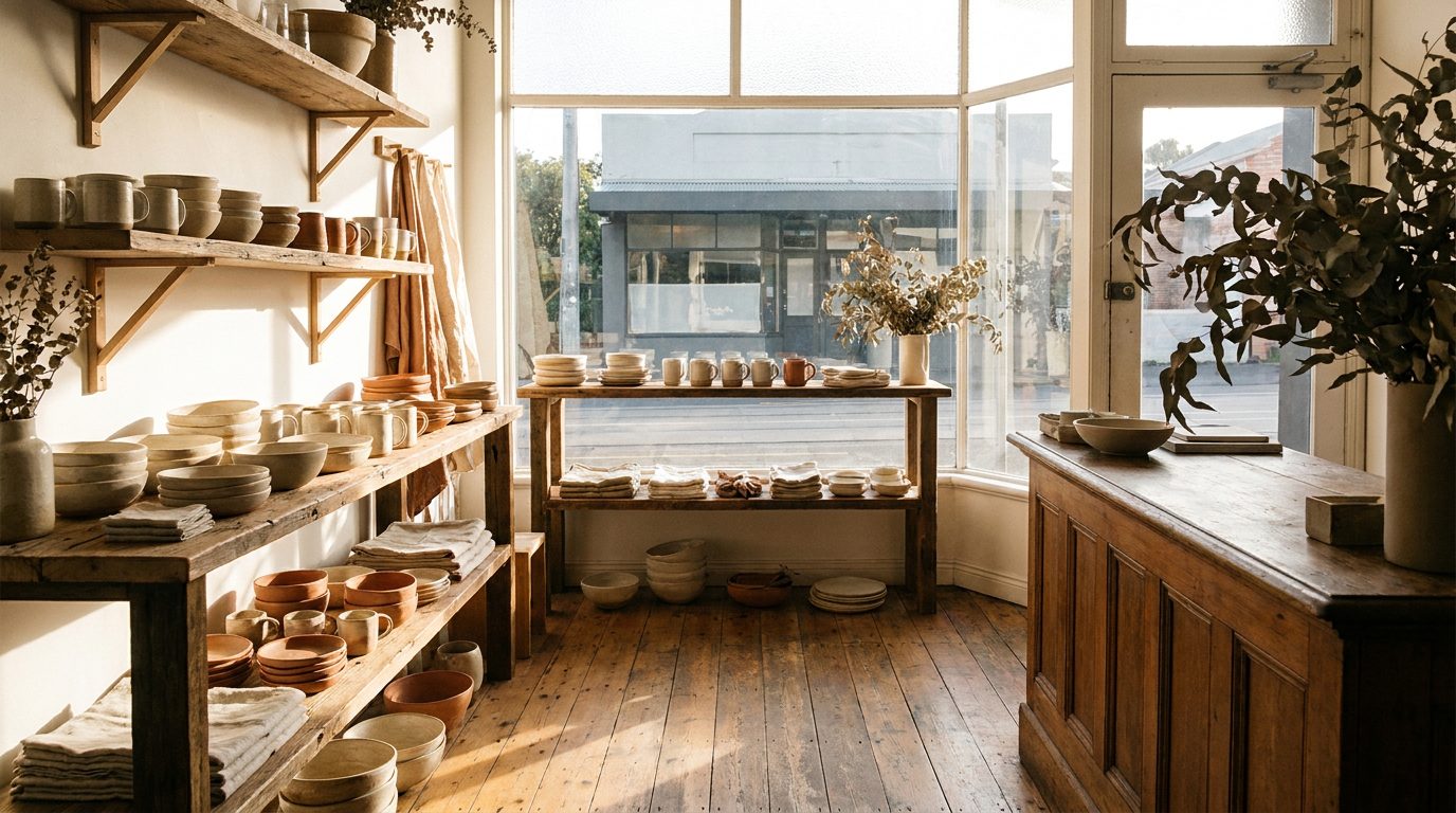 Timber shelves of handmade stoneware and folded linen in a sunlit shop